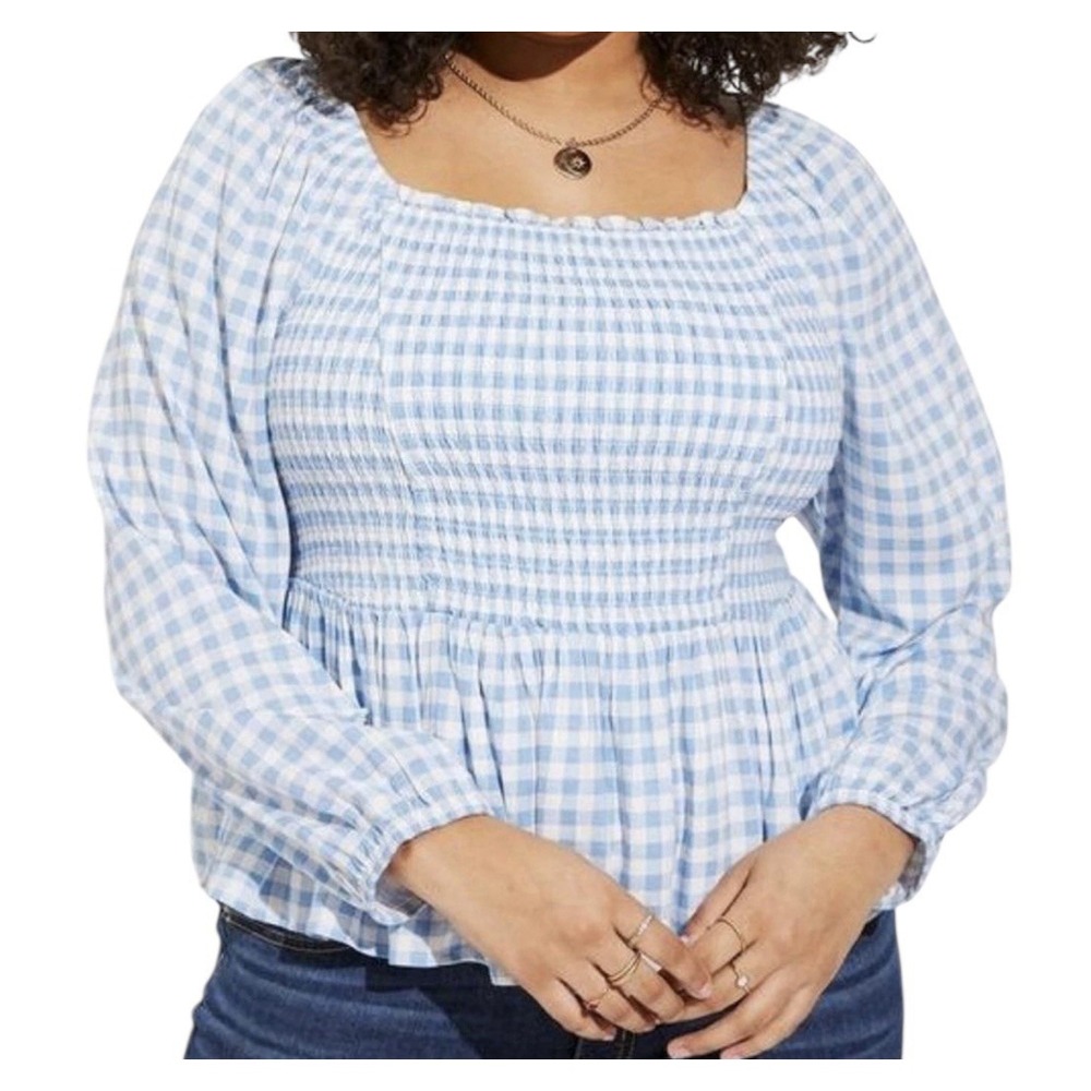 Torrid Top Women's Size 2 Plus Slub Smocked Bodice Long Sleeve‎ Graham Plaid